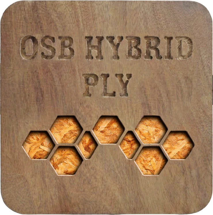 A Hybrid OSB block, its veneer face machined open to show the strand core beneath