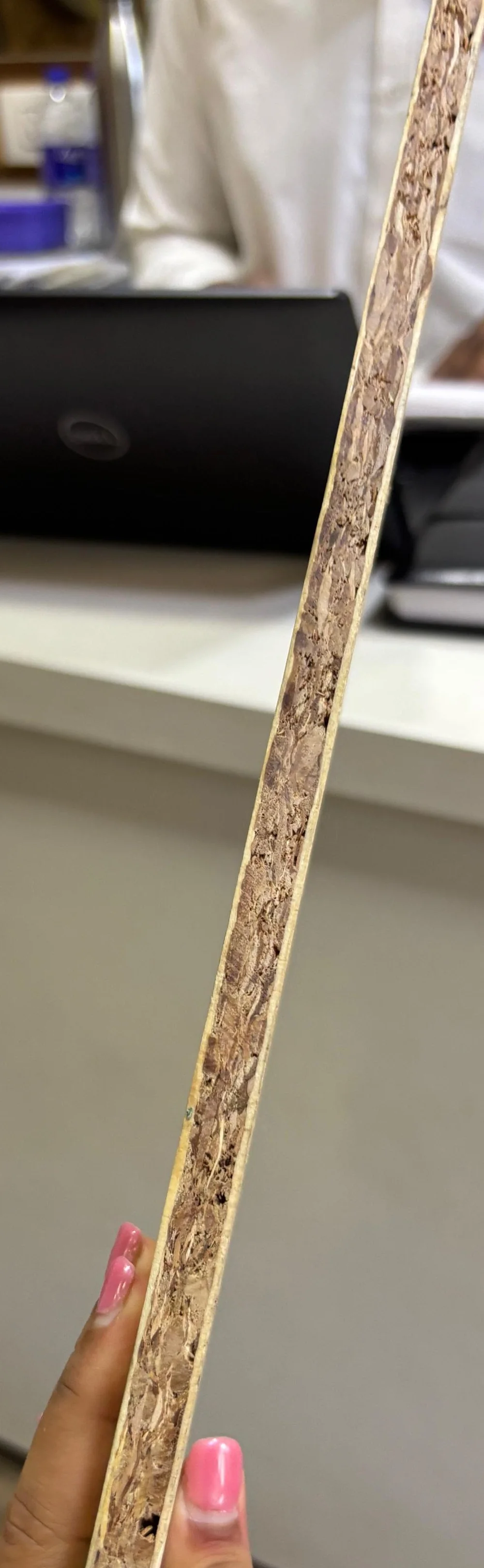 The edge of a Hybrid OSB panel, showing the strand core between two smooth faces