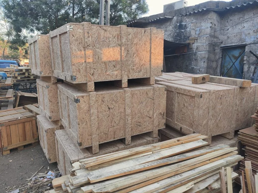 Finished crates stacked in a yard awaiting dispatch