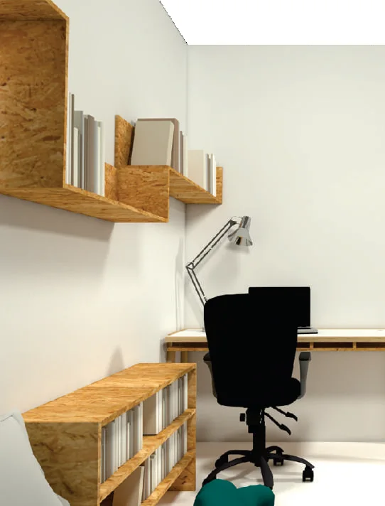 S-OSB shelving and desk in a finished interior